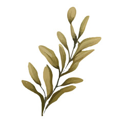 Watercolor illustration of a leafy branch with muted brown tones.