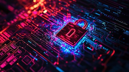 Neon Lock on a Circuit Board with Red and Blue Lights