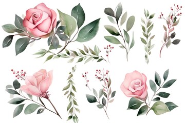 Watercolor floral set with pink roses, green leaves and branches.