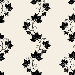 Grape vine with leaves pattern, dark vine silhouette on beige background. © MarhaRyta