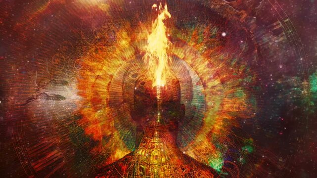 Time mystery. Man with burning halo