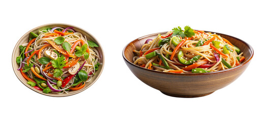 
Bundle of bowls with asian noodle salad with sesam dressing and vegetables, side and top view, isolated on a white background
