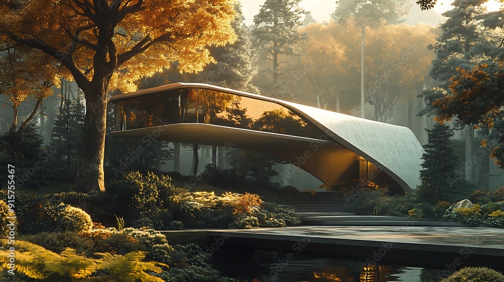 Poster modern architecture nestled in a foggy forest