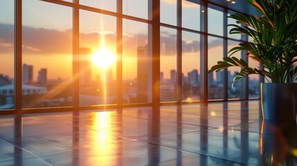 Fototapeta premium Sleek and Sophisticated Office Space with City View and Natural Light for a Professional Workspace Ambiance