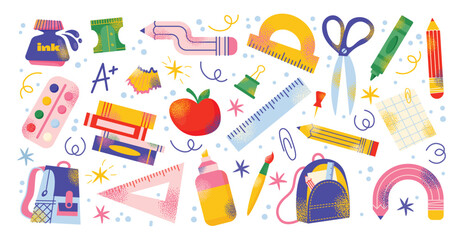 Set of school supplies and education colorful stickers. Back to school kids education concept. Backpack, book, paints, ruler, pencil, brushes. Vector illustration isolated on background
