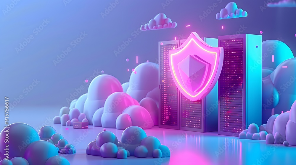 Poster 3d illustration of a cloud security concept with a shield protecting a server, representing data pro