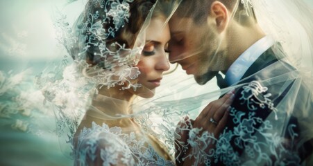 beautiful bride and groom, their faces softly obscured in the style of the flowing veil of her wedding dress, creating an ethereal effect against a backdrop of the sea in a dreamy, romantic style.