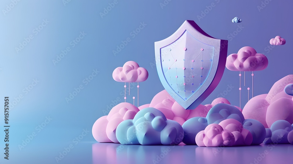 Poster 3d illustration of a digital security shield among clouds, representing data protection and cloud co