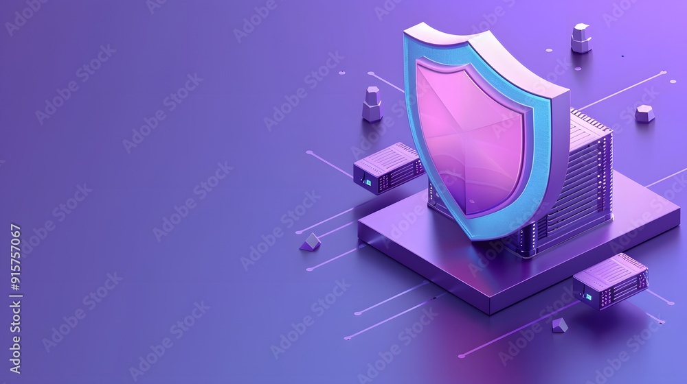 Poster 3d illustration of a digital shield on a server, symbolizing data protection, cybersecurity, and sec