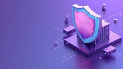 3D illustration of a digital shield on a server, symbolizing data protection, cybersecurity, and secure networking in a futuristic purple environment.