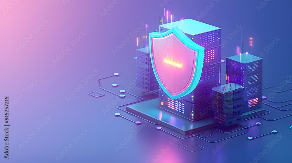 Poster 3d illustration of a futuristic data server with a secure shield icon, symbolizing cybersecurity and