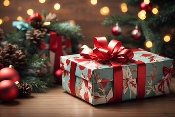 Christmas composition on a table with a white gift box, with a red ribbon with fir branches, toys
