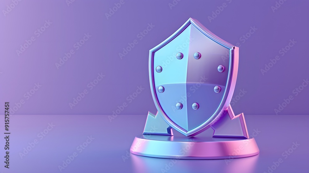 Poster 3d illustration of a metallic shield icon on a gradient purple background symbolizing security and p