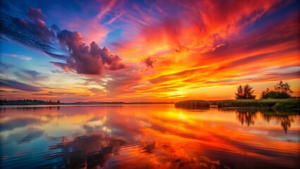 A vibrant sunset paints the sky with fiery hues, reflected in the tranquil water of a serene lake. The scene evokes feelings of peace, tranquility, and the beauty of nature.