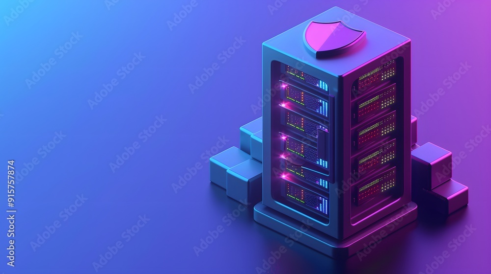 Poster 3d illustration of a secure server rack with glowing lights. abstract data center, cloud storage, an