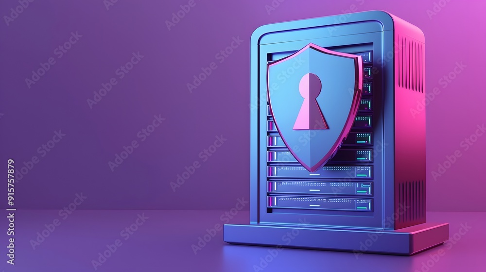 Poster 3d illustration of a secure server with a shield icon, symbolizing data protection and cybersecurity
