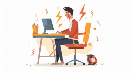 Overworked Man at His Desk: Stressful Workplace Illustration