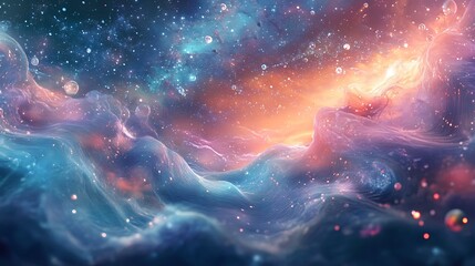 Abstract Cosmic Landscape with Wavy Lines and Glowing Bubbles