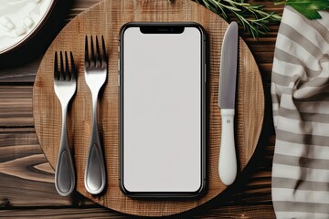 Mockup of a smartphone with a blank white screen on a table