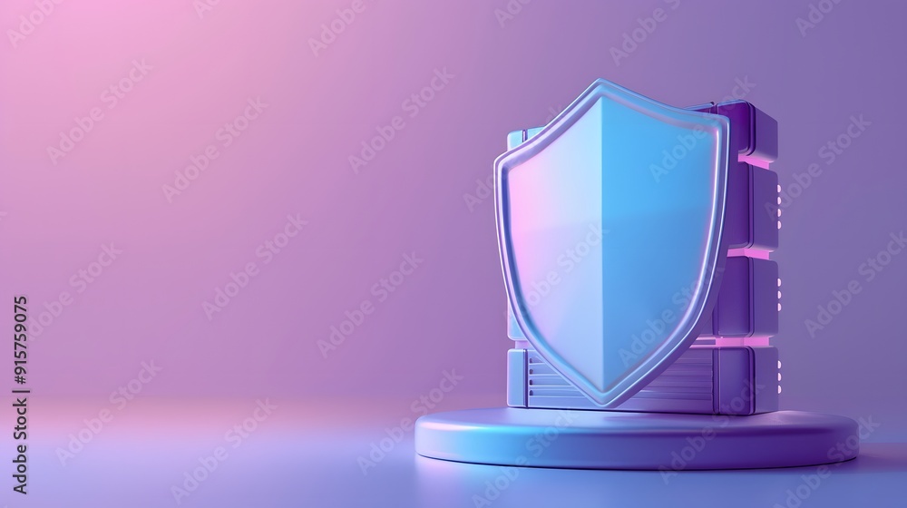 Poster 3d illustration of a shield protecting a server on a modern gradient background, symbolizing data pr