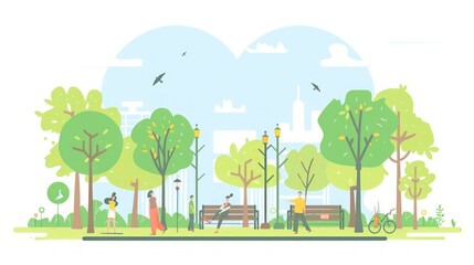 Peaceful City Park Illustration: Green Trees, Relaxing People