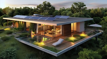 Fototapeta premium Luxury house with solar panels on the roof, eco friendly