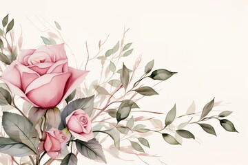 Watercolor illustration of a pink rose with green leaves on a white background.