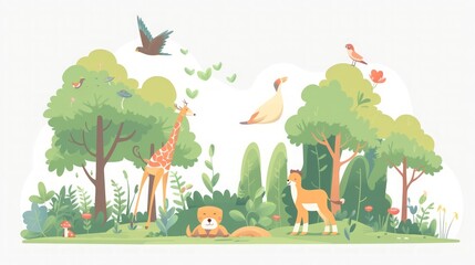 Cute Animals in a Lush Forest Illustration