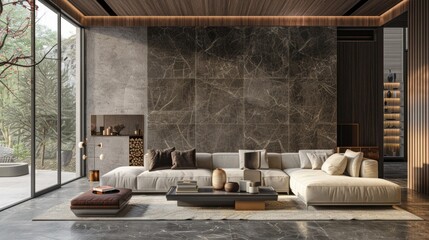 A modern living room with a large sectional couch and a coffee table