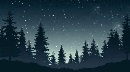 Forest with pine trees at night with a starry sky