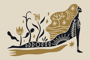 Pretty tattooing girl practicing Kundalini Moon yoga flat doodle cartoon vector clip-art illustration. Young woman doing asana, stretching exercise pilates princess. Female silhouette pose. Sacred