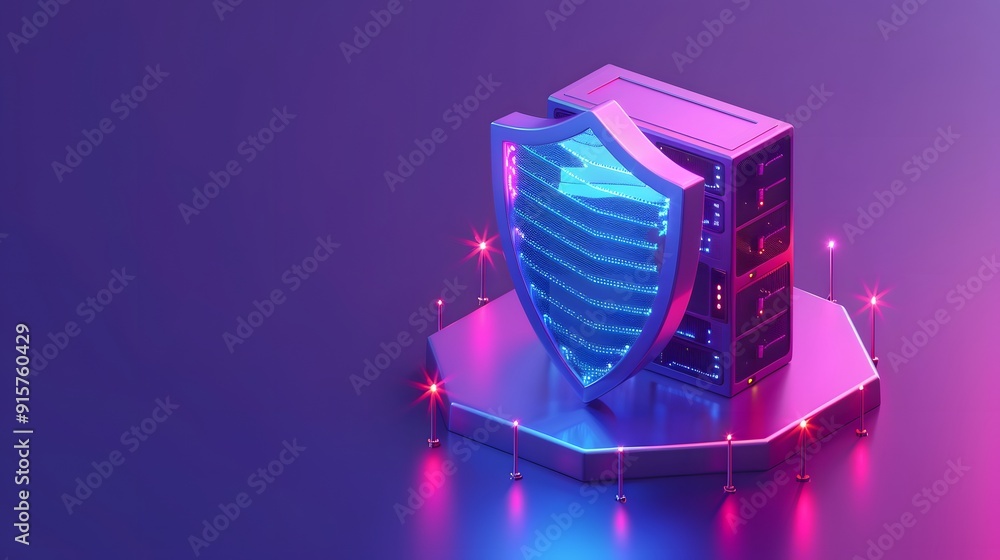 Poster 3d illustration of digital security shield and server with neon lights, symbolizing data protection 