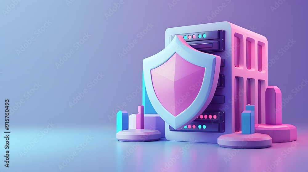 Poster 3d illustration of data server secured by a shield, representing cybersecurity and data protection i