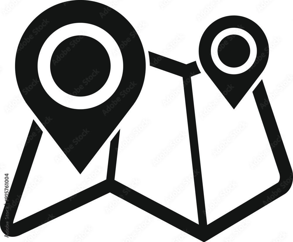 Poster conceptual icon of a navigation app displaying a route with two location pins on a folded paper map