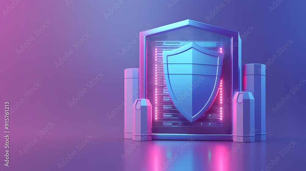 Poster 3d render of cyber security concept with shield and digital elements on a colorful background. symbo