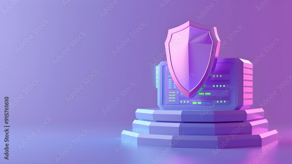 Poster 3d rendering of a server with a shield icon, representing cybersecurity, data protection, and inform