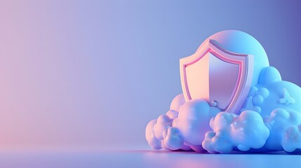 3D rendering of a shield surrounded by clouds, symbolizing cloud security and data protection against cyber threats in a digital environment.