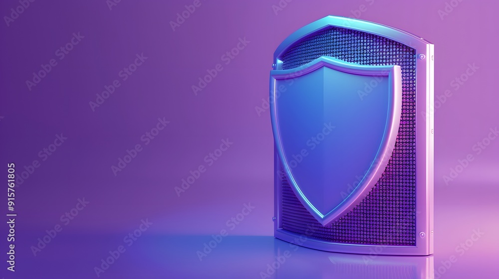 Poster 3d shield icon against a purple background symbolizing security and protection in digital technology