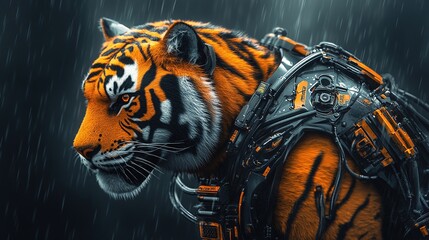 Cybernetic tiger with futuristic armor in a rain-soaked, dark, high-tech environment