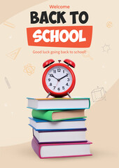 Welcome back to school poster with 3d stack of books with alarm clock