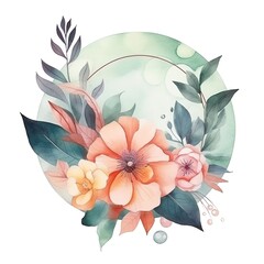 Watercolor floral arrangement with peach, yellow and pink flowers in a green circle.