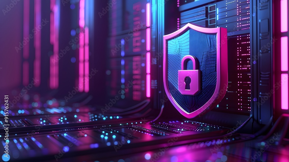 Poster a digital shield with a lock symbol representing cybersecurity and data protection in a neon-lit ser