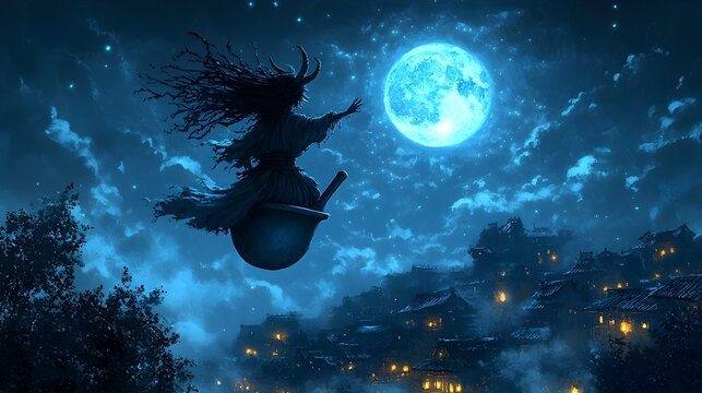 Baba Yaga Soaring Through Enchanted Nightscape Under Moonlight