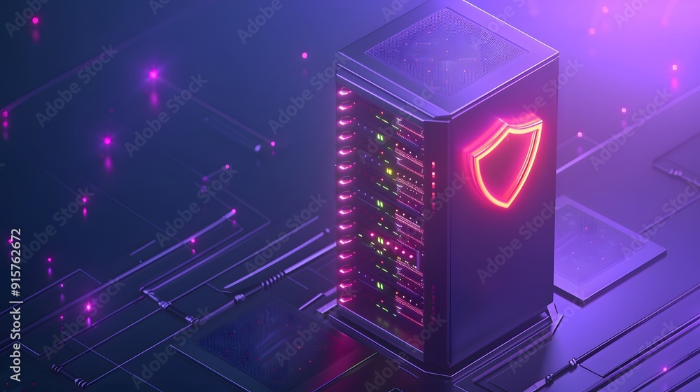 Poster a futuristic server rack with a glowing shield icon, representing cybersecurity and data protection 