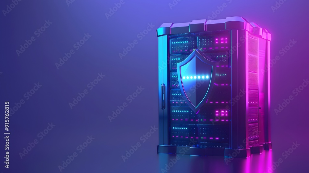Aufkleber a futuristic server with a glowing shield icon, symbolizing cybersecurity and data protection in a d