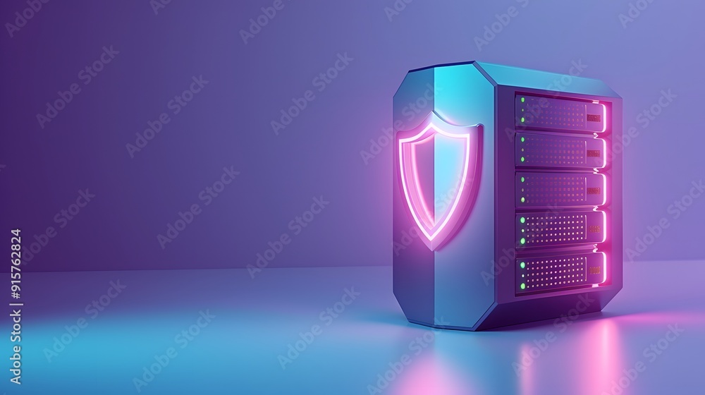Poster a futuristic server with neon shield icon symbolizing cybersecurity and data protection, set against
