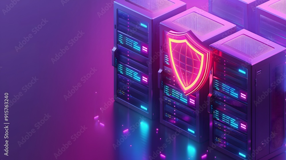 Poster A glowing shield on a server rack in a data center, representing cybersecurity and data protection in a technology-themed environment.