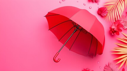 A red umbrella is on a pink background with flowers. The umbrella is open and the flowers are scattered around it. Concept of warmth and comfort, as the umbrella provides shade