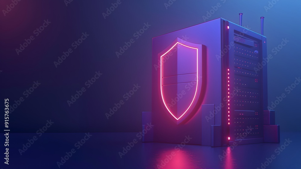 Poster a server rack with a neon shield symbol, representing cybersecurity and data protection in a modern,