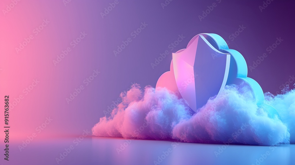 Poster a shield symbol on fluffy clouds, representing cloud security and data protection. concept of cybers